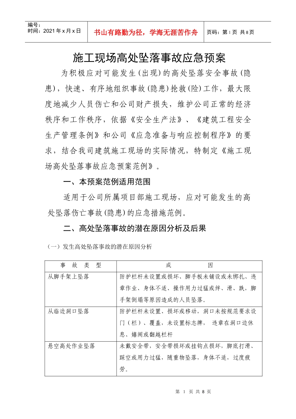施工现场高处坠落事故应急预案_第1页