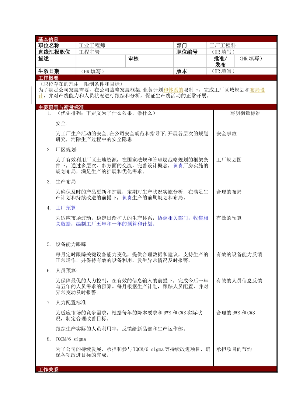 某大型电子公司制造部工业工程师职位说明书_第1页