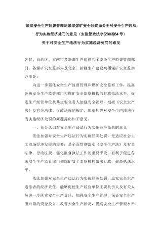 安全生产违法行为实施经济处罚的意见(安监管政法字[