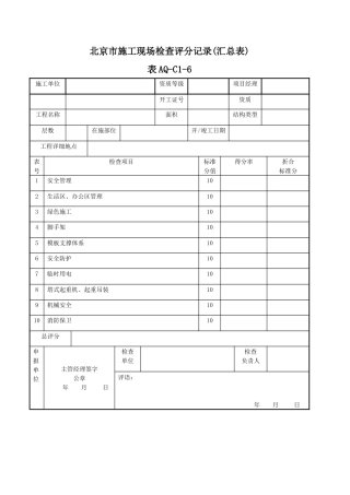 某市施工现场检查评分记录汇总表