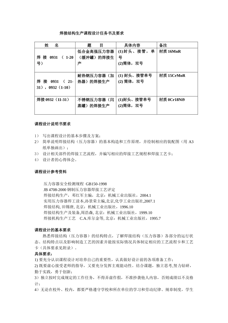焊接结构生产课程设计任务书及要求_第1页