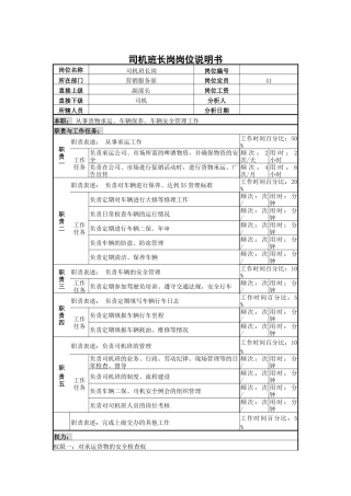 司机班长岗岗位说明书