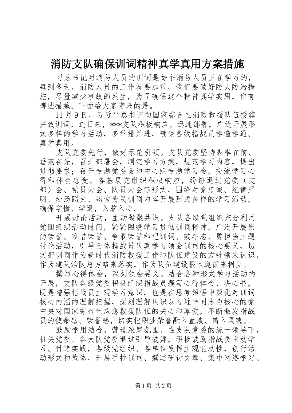 消防支队确保训词精神真学真用实施方案措施_第1页