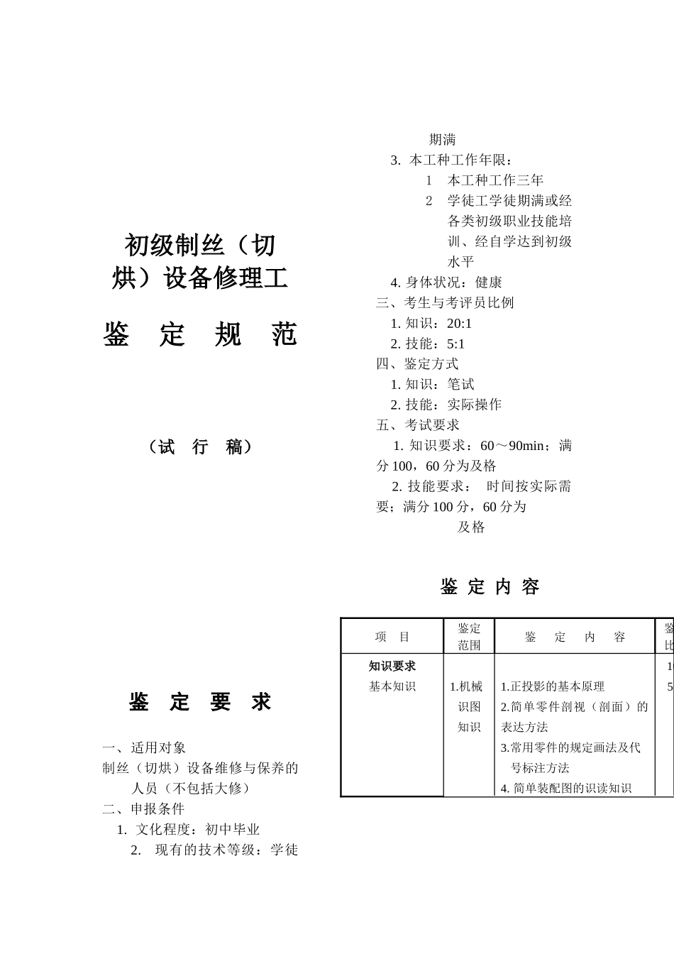 初级制丝（切烘）设备修理工鉴定规范_第1页