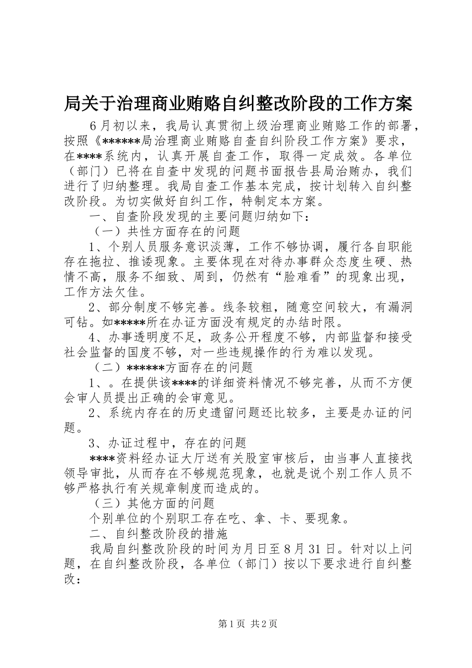 局关于治理商业贿赂自纠整改阶段的工作实施方案_第1页