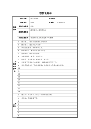 轧钢厂设备动力科液压副班长岗位职位说明书