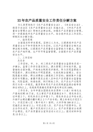 XX年农产品质量安全工作责任分解实施方案