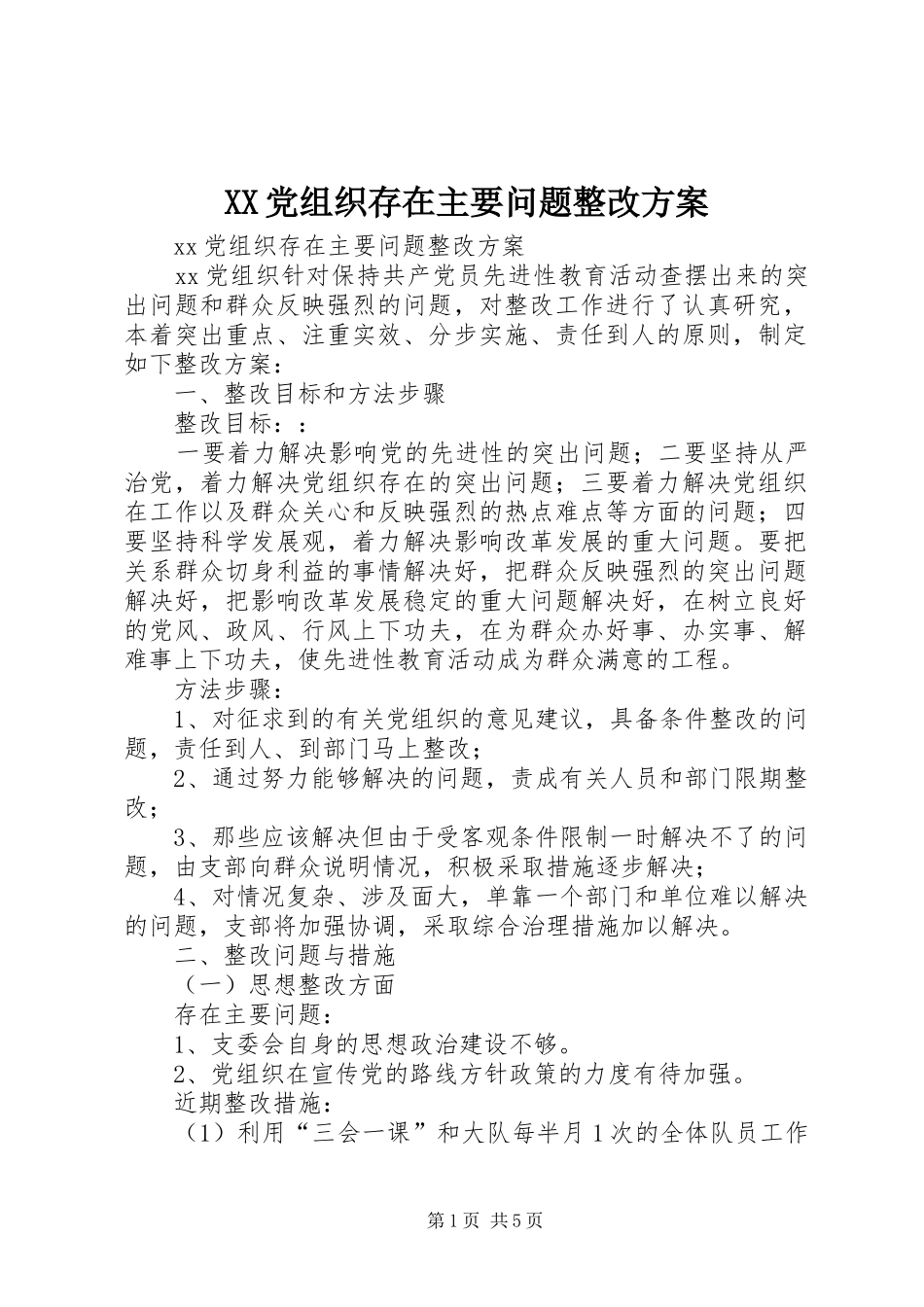 XX党组织存在主要问题整改实施方案_第1页