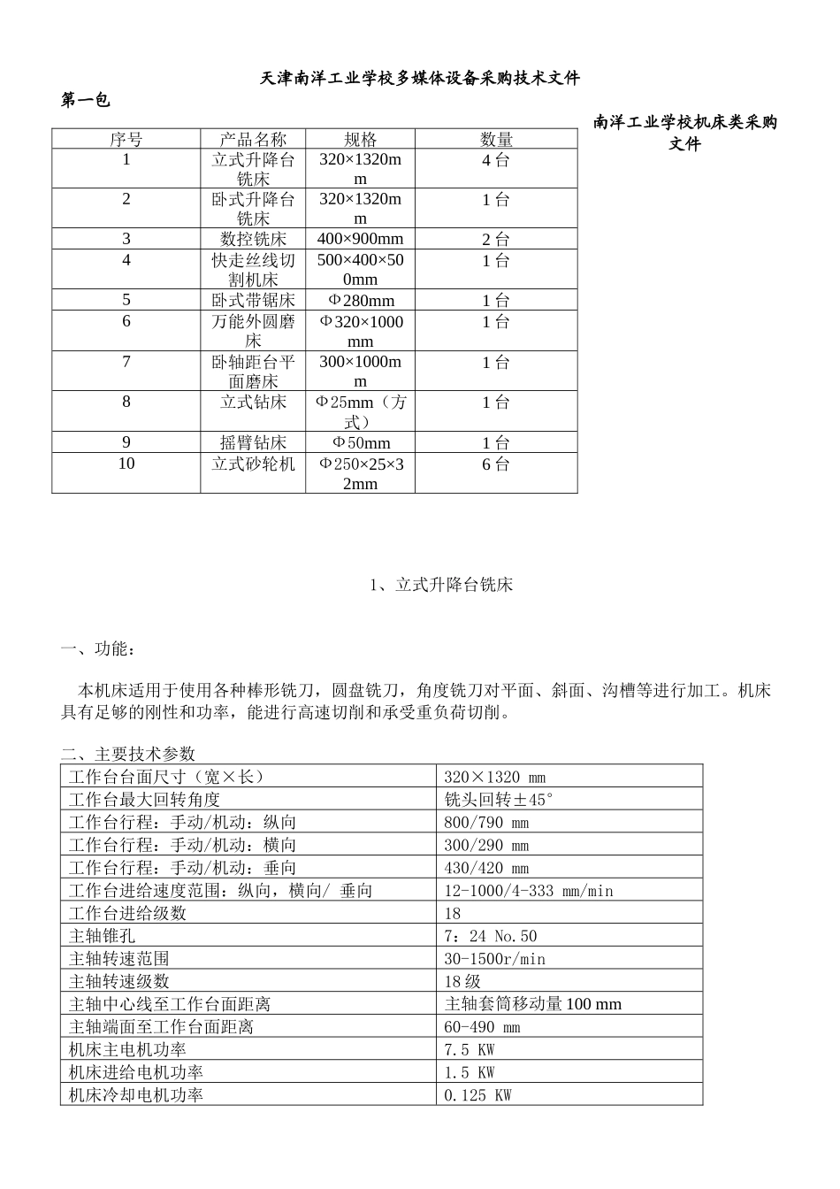 天津南洋工业学校设备采购技术文件_第1页