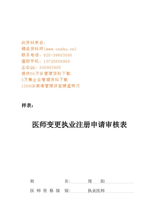 我国医师变更执业注册申请审核表