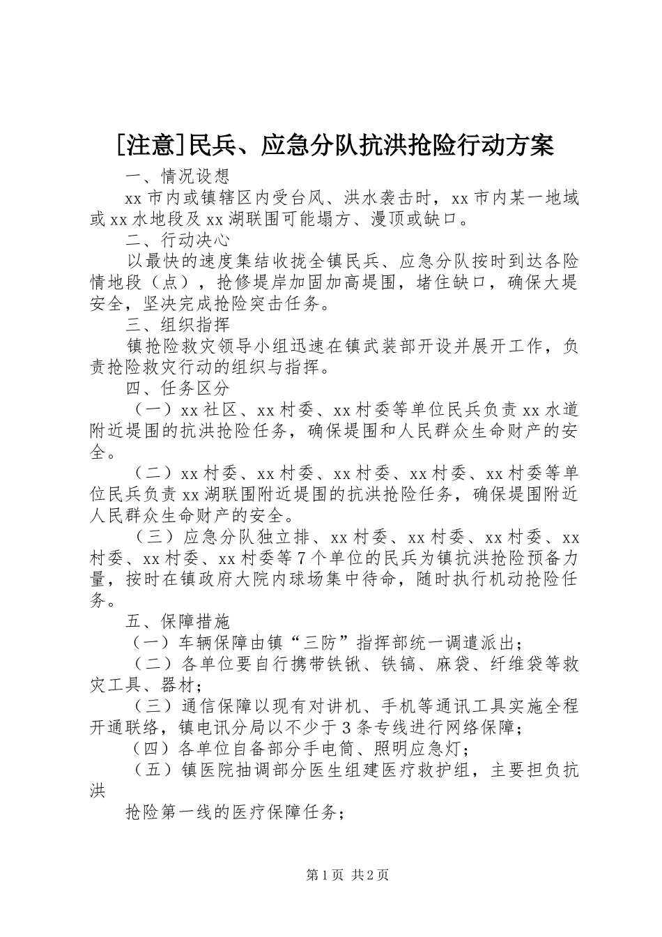 [注意]民兵、应急分队抗洪抢险行动实施方案_第1页