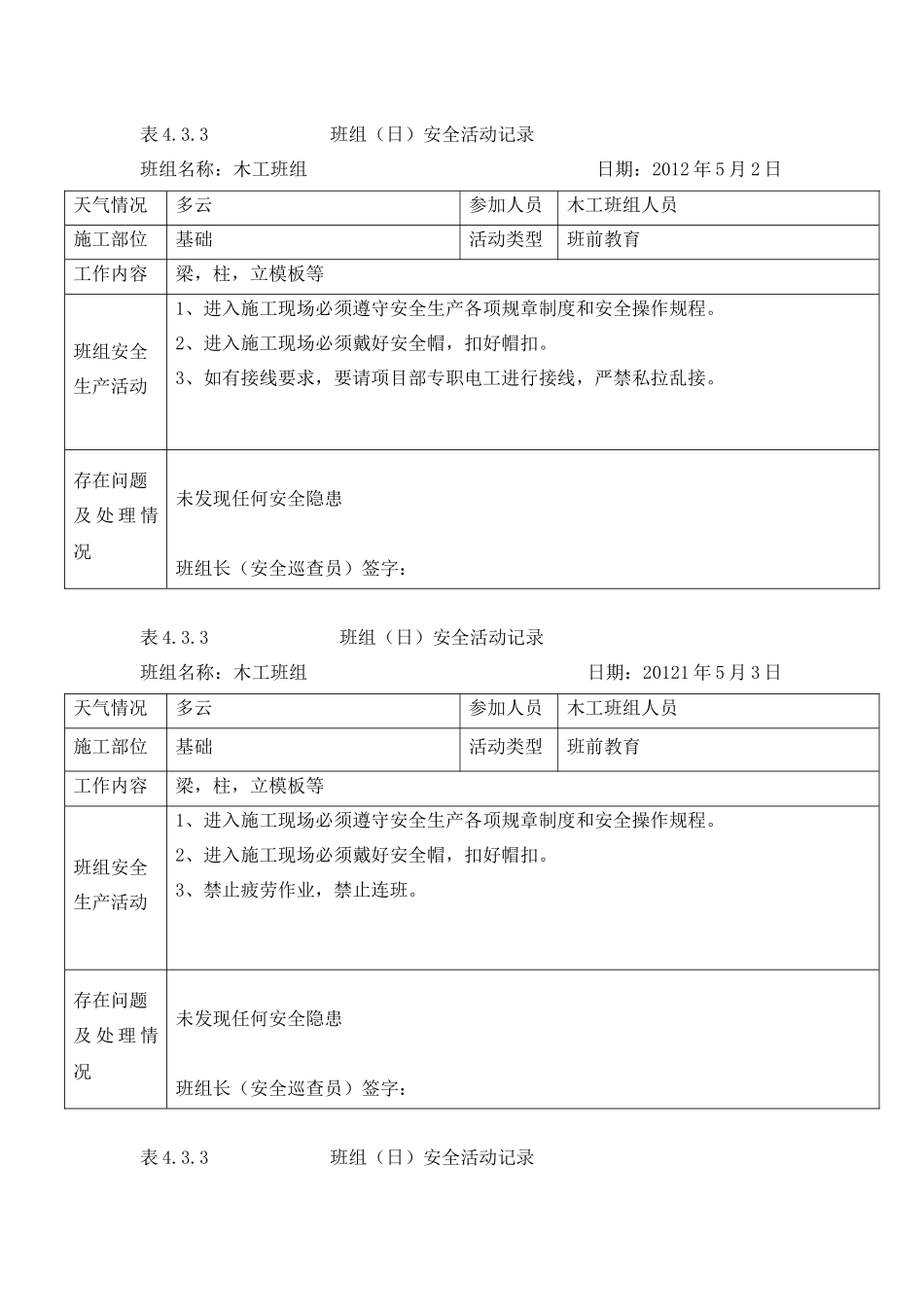 (改好)班组安全活动记录(木工)_第1页