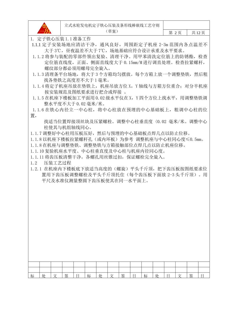 立式水轮发电机定子铁心压装及条形线棒嵌线工艺守则(终)_第1页