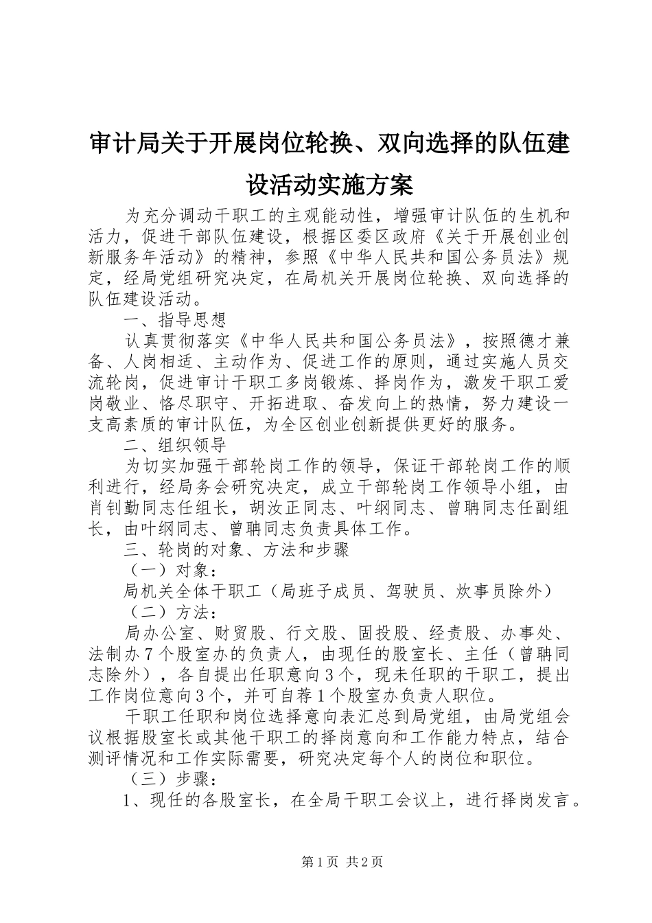 审计局关于开展岗位轮换、双向选择的队伍建设活动方案_第1页
