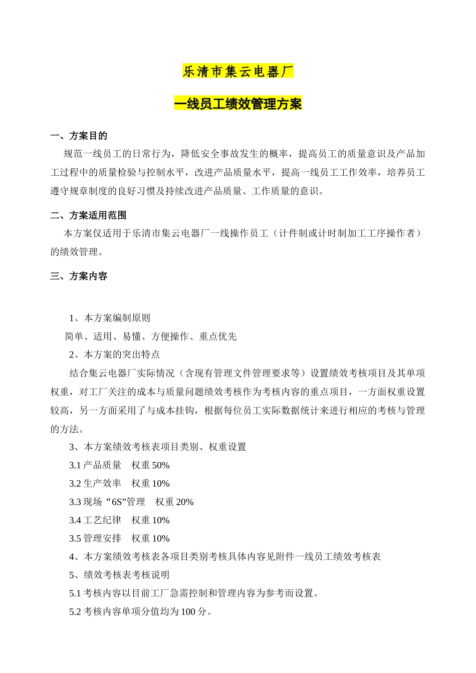集云电器厂一线员工绩效管理方案-生产操作员工绩效管理表_第1页