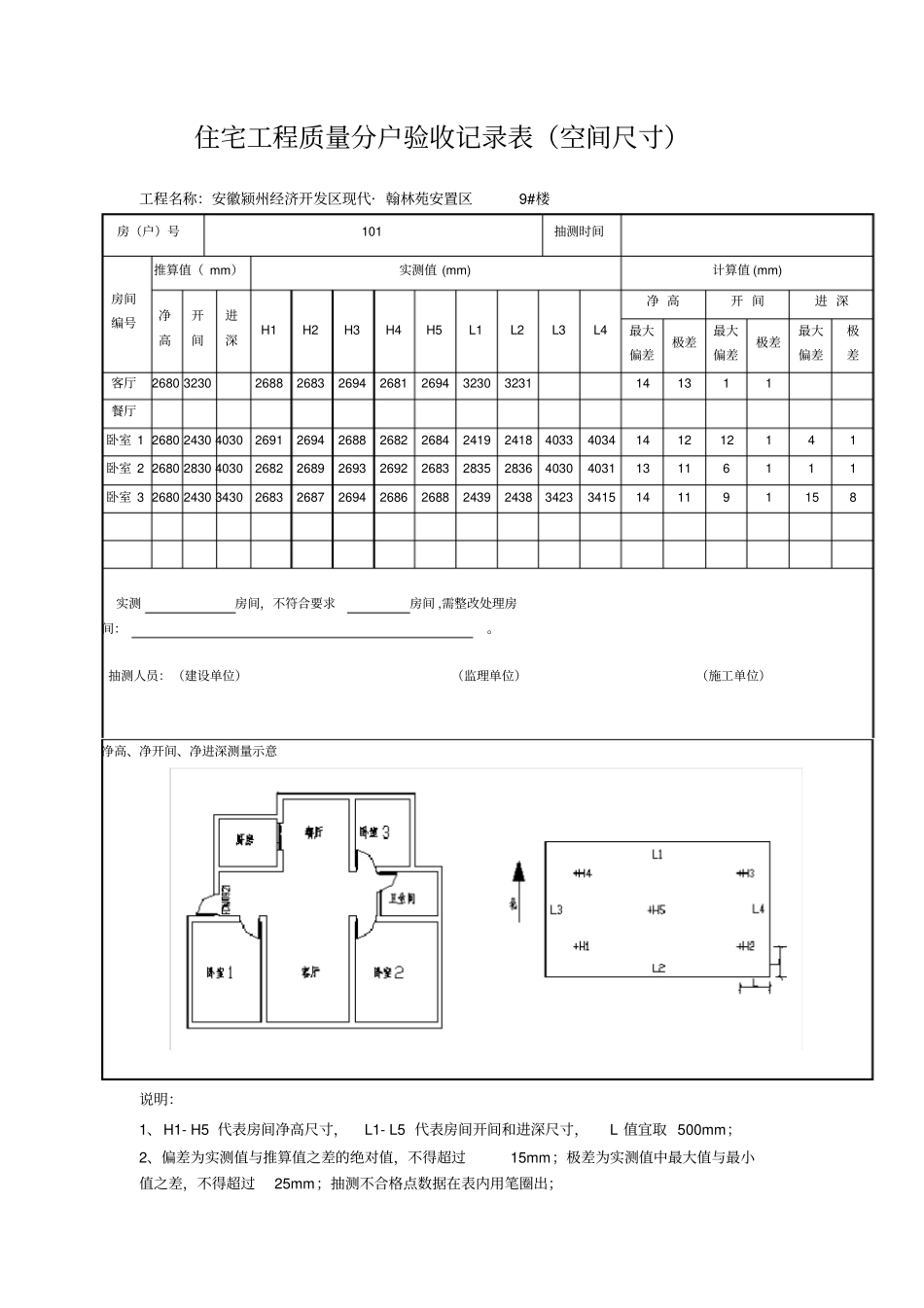 住宅工程质量分户验收记录表(空间尺寸).doc_第1页