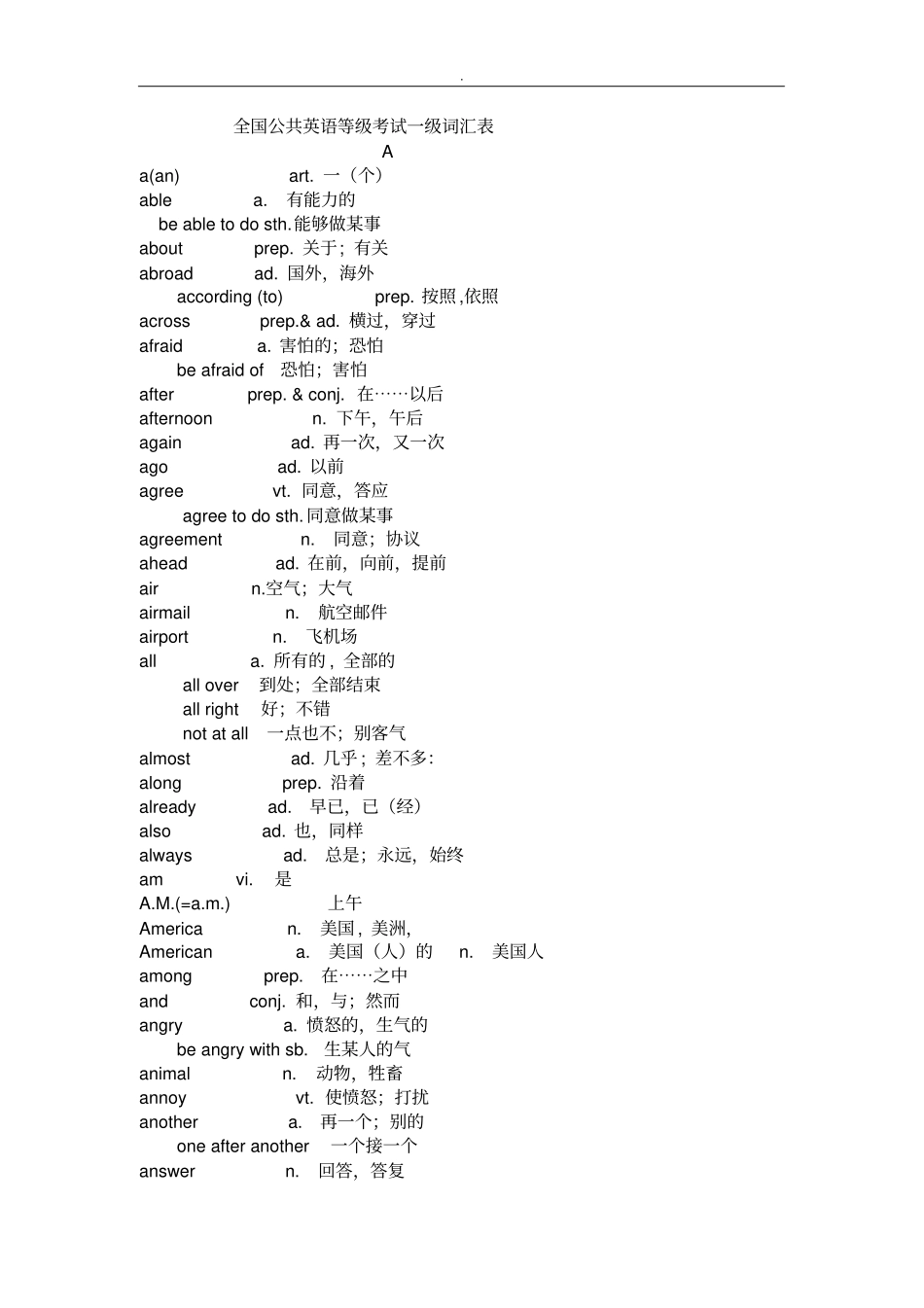 全国英语等级专业考试一级词汇资料表_第1页