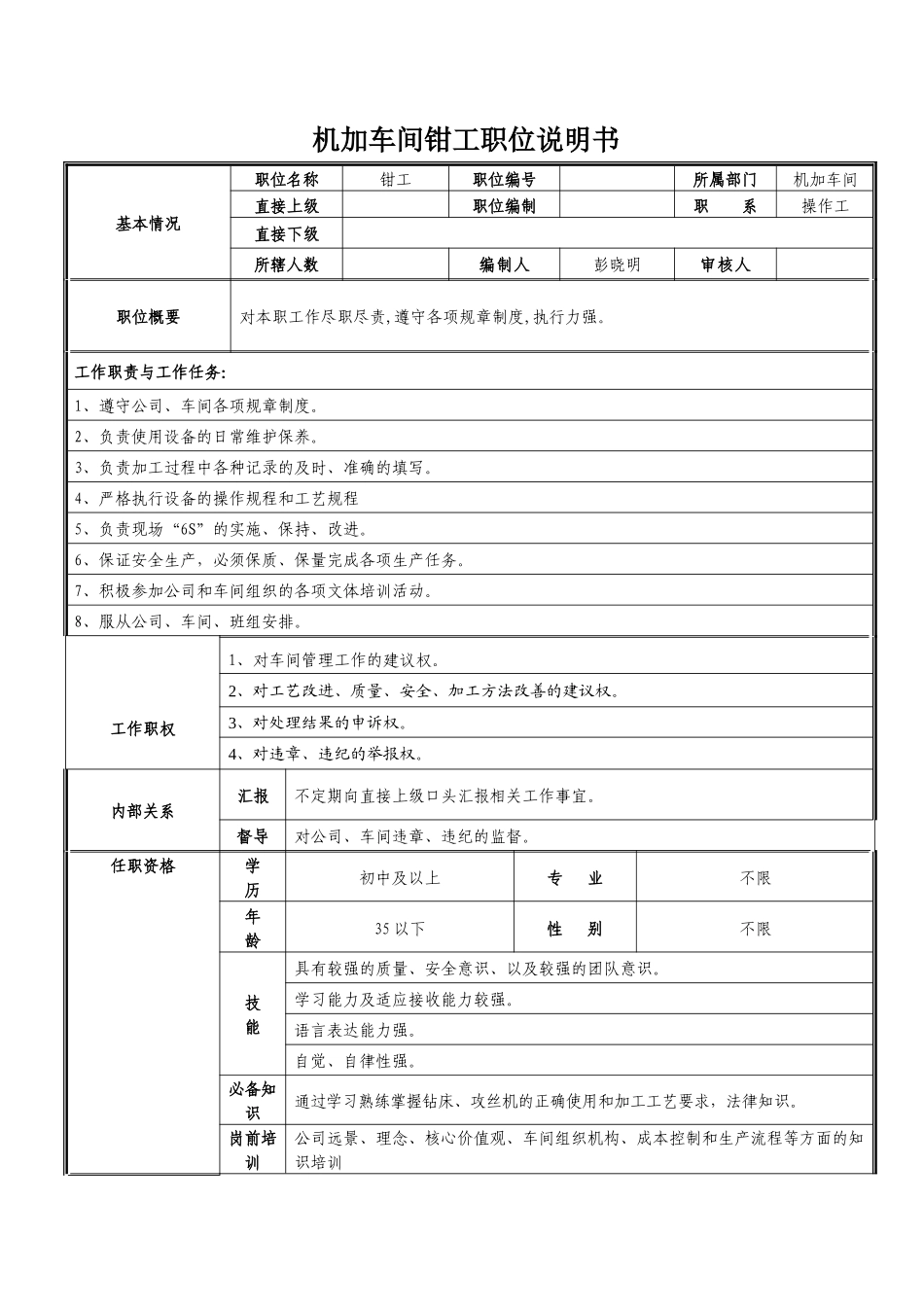 车间钳工职位说明书_第1页