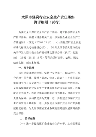 某市煤炭行业安全生产责任落实测评细则