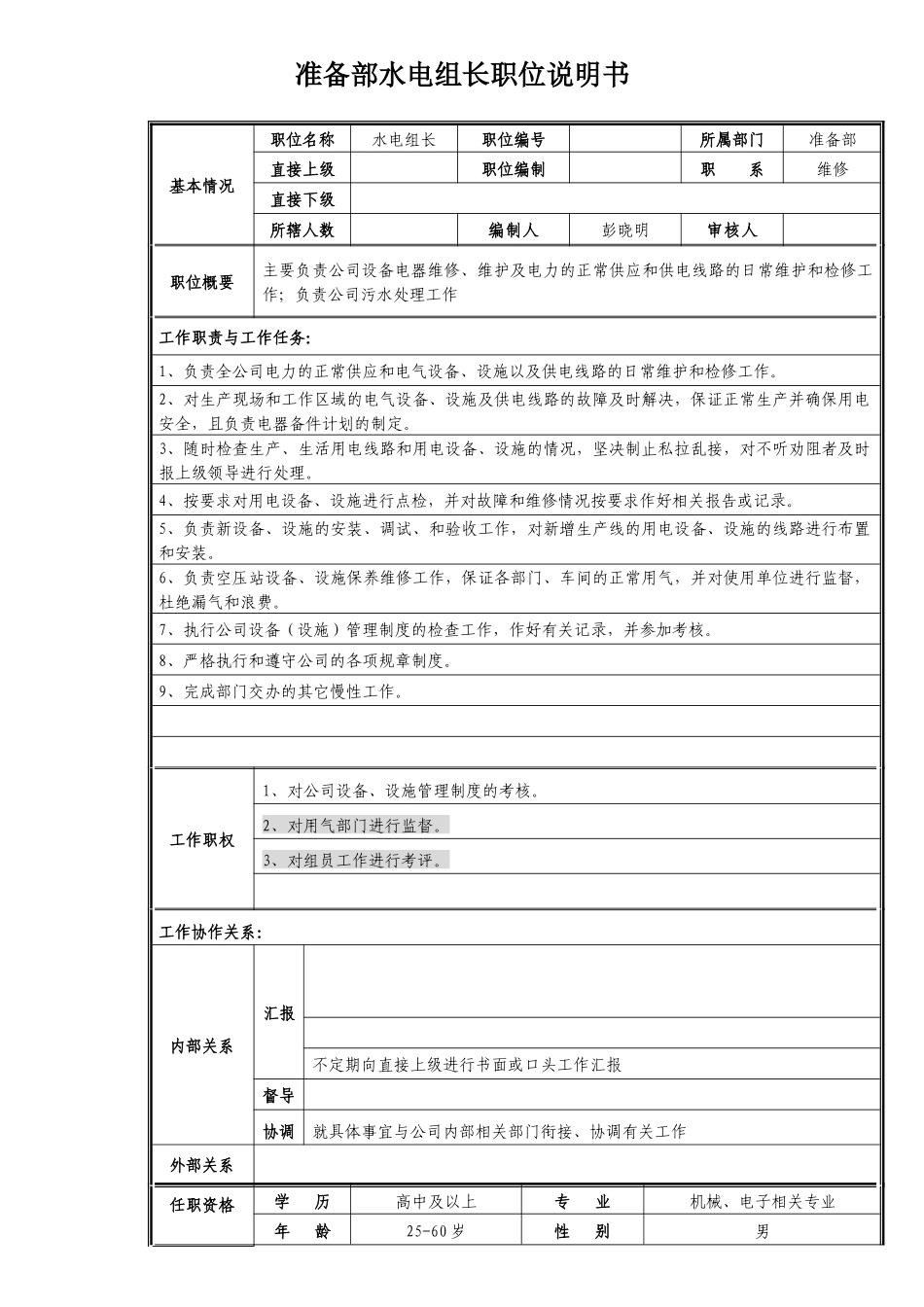 准备部水电组长职位说明书_第1页
