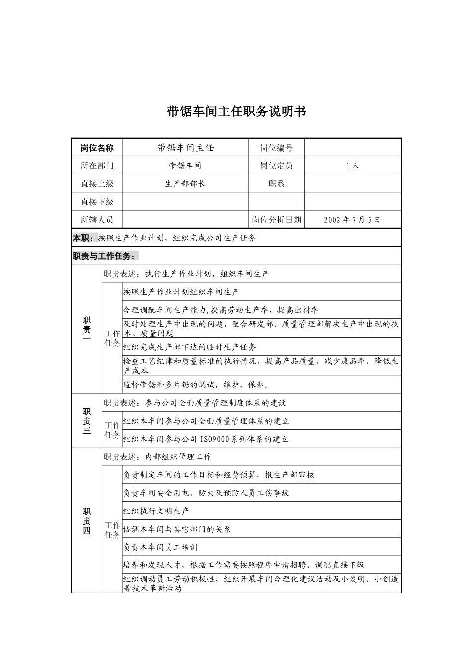 某公司带锯车间主任职务说明书_第1页