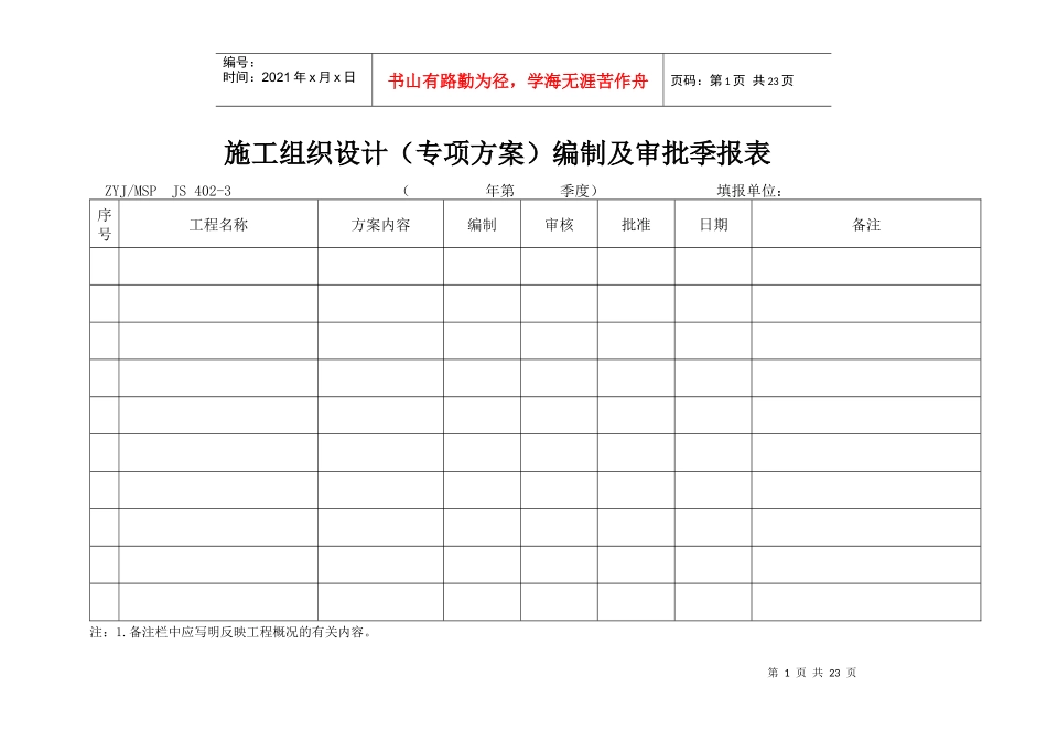 施工组织设计(专项方案)编制及审批季报表_第1页