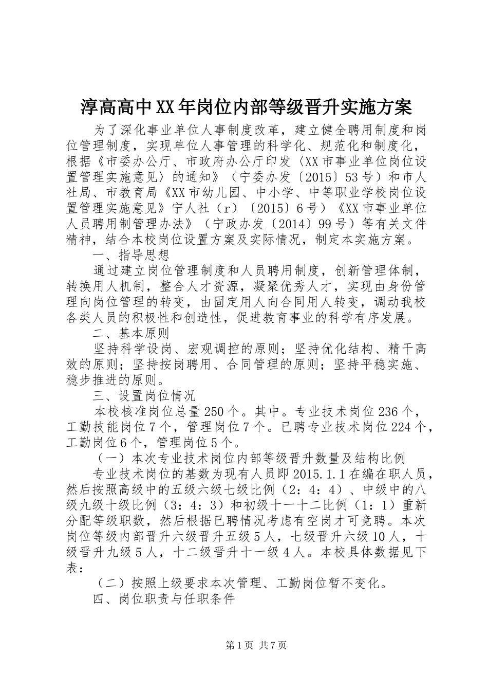 淳高高中XX年岗位内部等级晋升方案_第1页