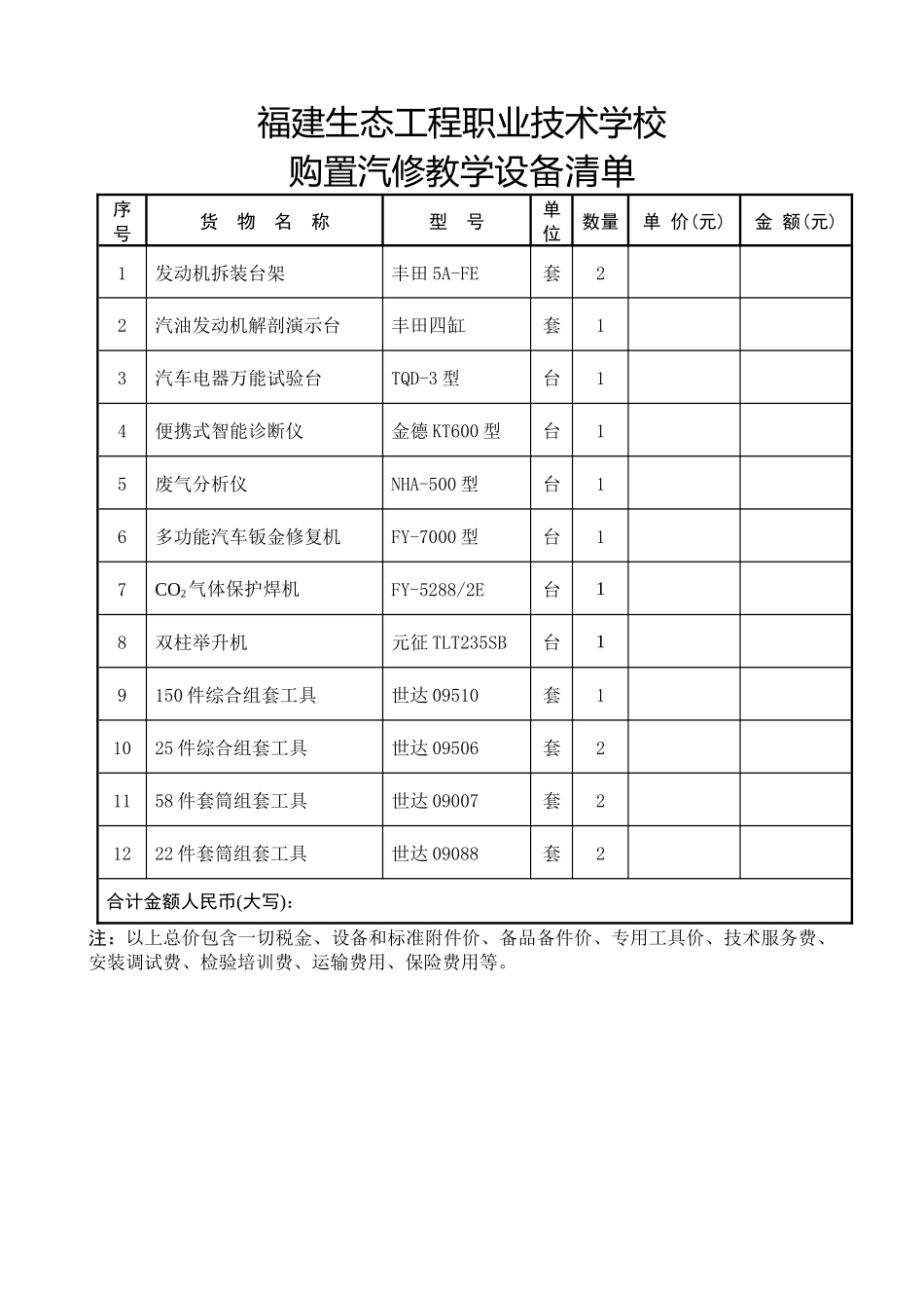 福建生态工程职业技术学校购置教学设备清单_第1页