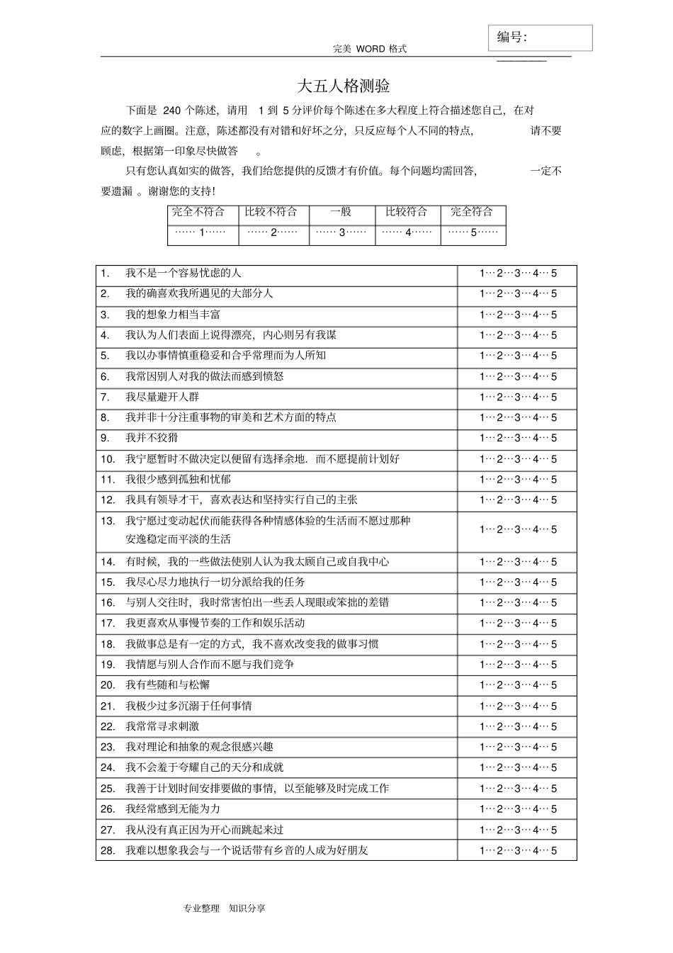 大五人格测验(240道题[完整版]和计分方法)_第1页
