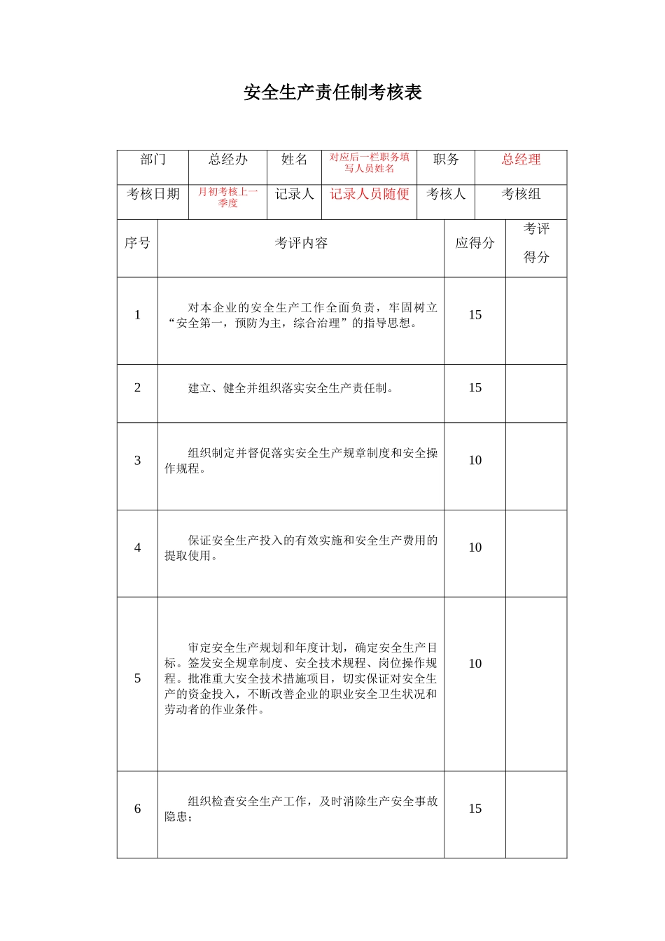 安全生产责任制考核表(X 85页)_第1页