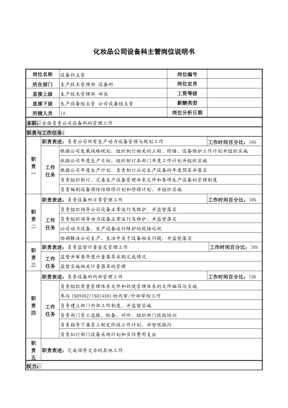 化妆品公司设备科主管岗位说明书_第1页