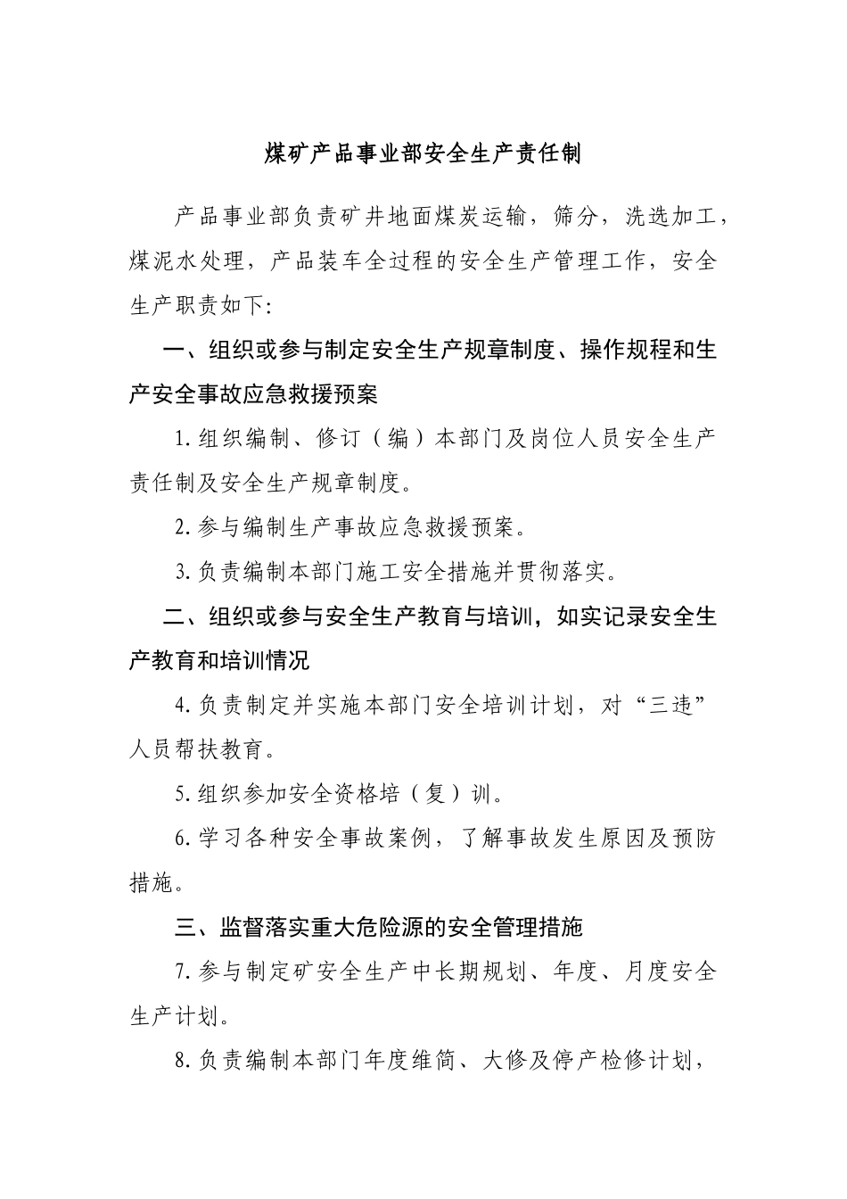煤矿产品事业部安全生产责任制_第1页