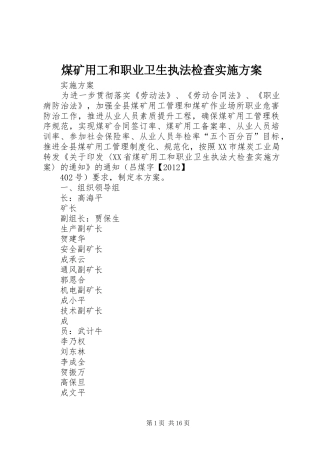 煤矿用工和职业卫生执法检查方案