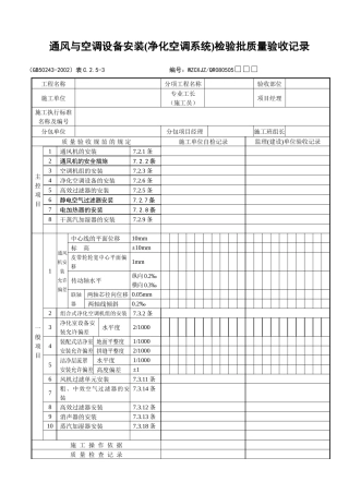 通风与空调设备安装（净化空调系统）检验批质量验收记录