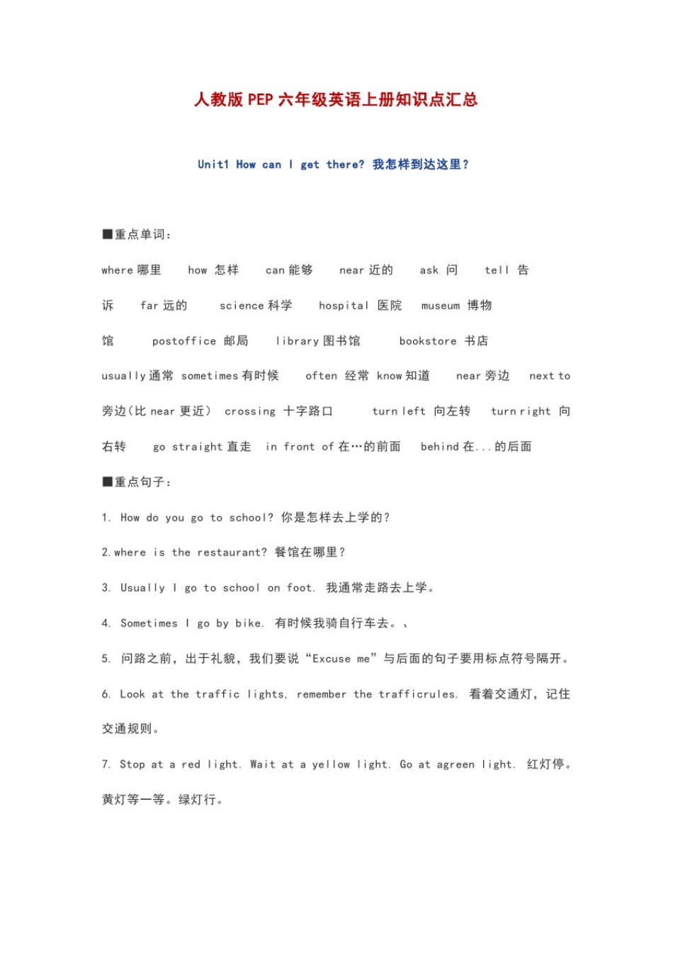 人教版PEP六年级英语上册知识点汇总_第1页