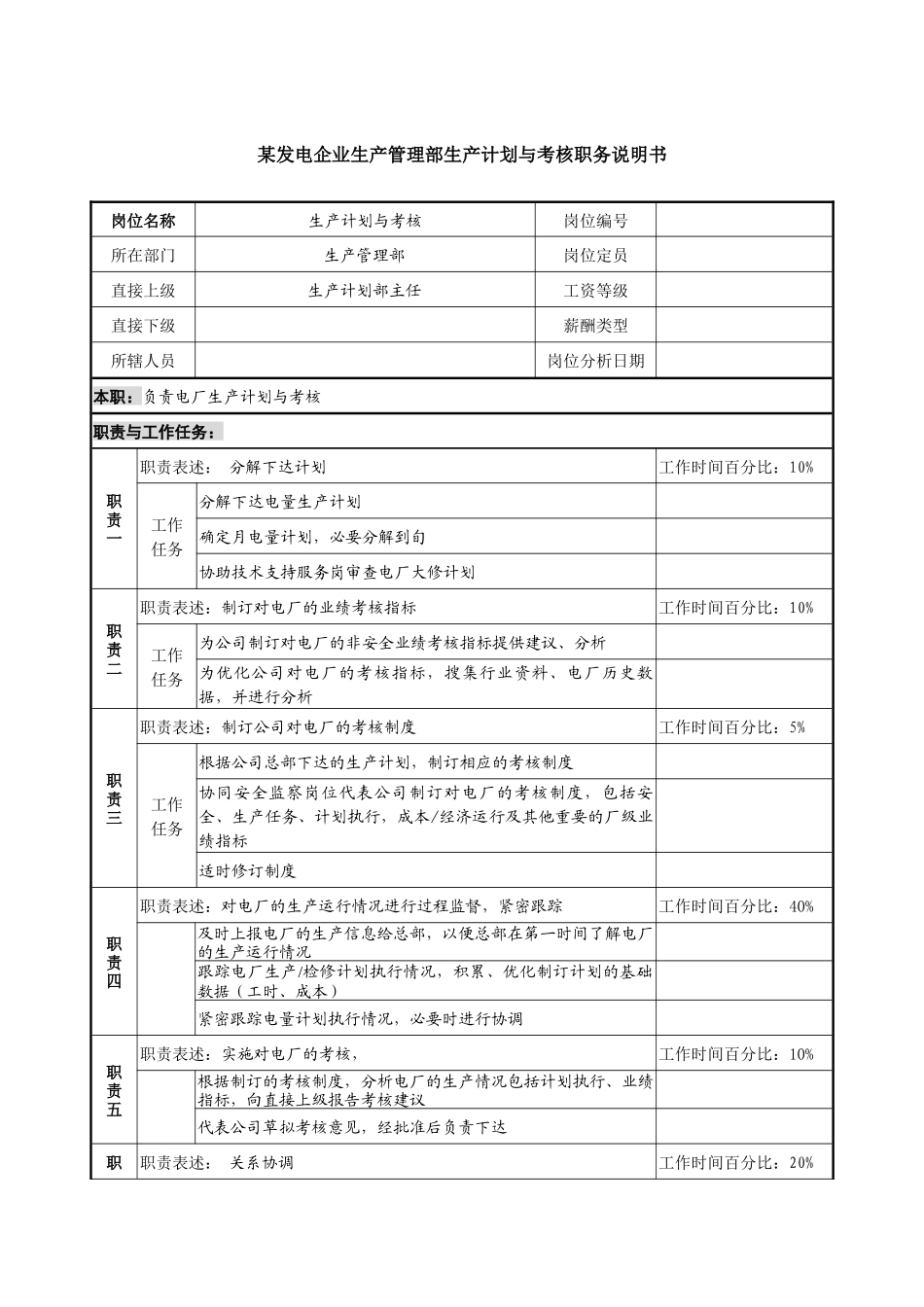 某发电企业生产管理部生产计划与考核职务说明书_第1页