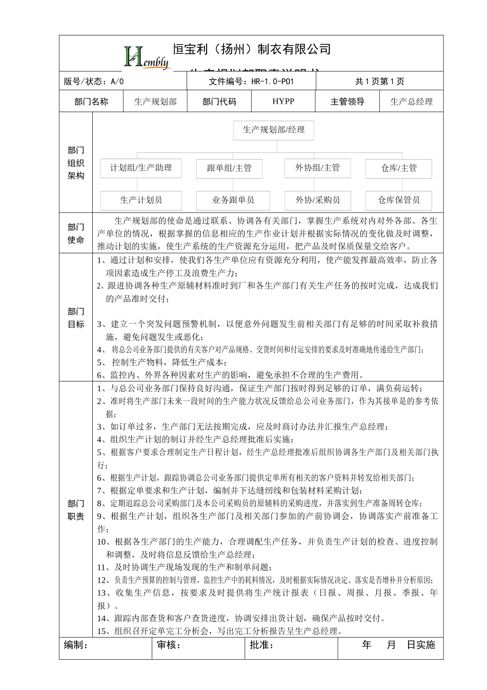 恒宝利制衣生产规划部职责说明书_第1页
