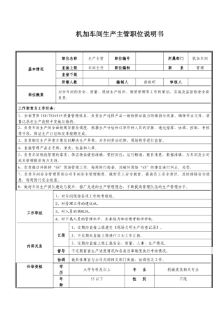 车间生产主管职位说明书