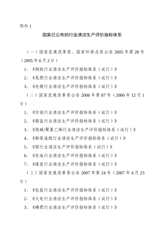 国家已公布的行业清洁生产评价指标体系