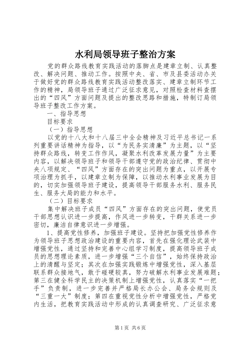 水利局领导班子整治实施方案_第1页