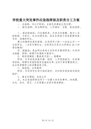 学校重大突发事件应急指挥部及职责分工实施方案