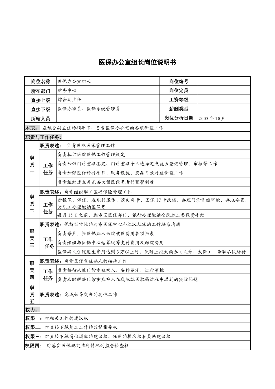 湖北新华医院财务中心医保办公室组长岗位说明书_第1页
