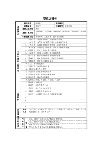 烧结厂副班长岗位说明书