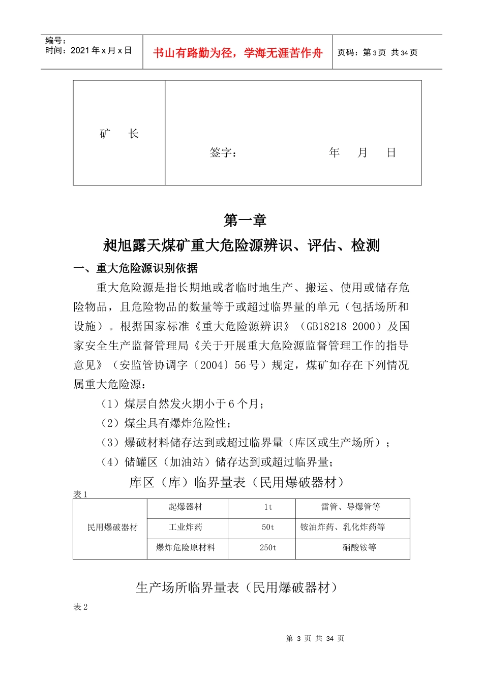 昶旭煤矿重大危险源检测、评估、监控措施和应急预案_第3页