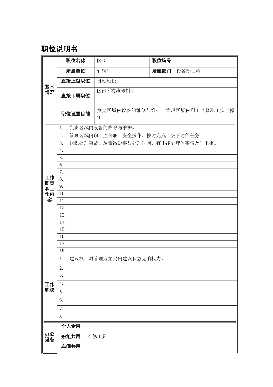 轧钢厂设备动力科区长职责说明书_第1页