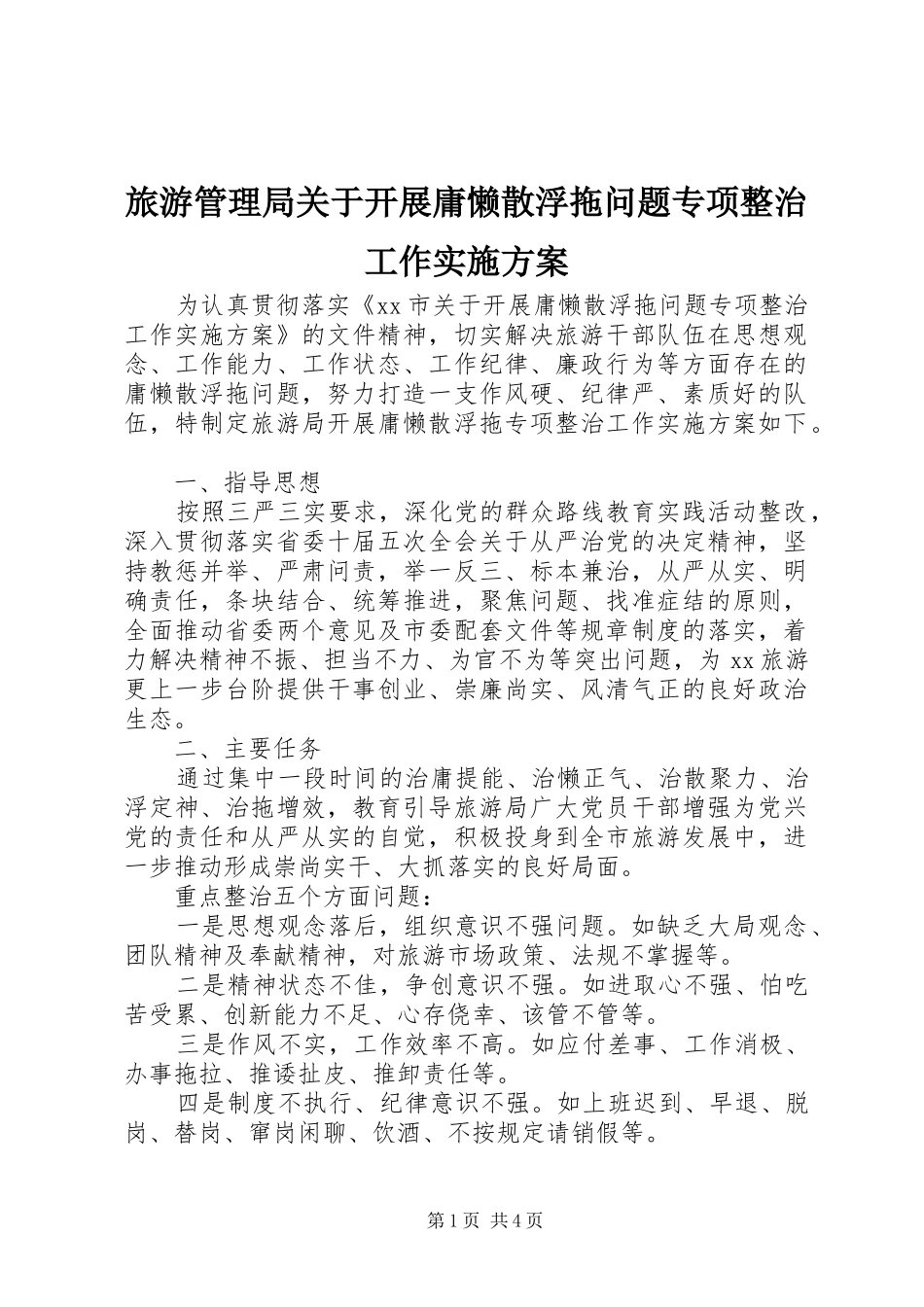 旅游管理局关于开展庸懒散浮拖问题专项整治工作方案_第1页