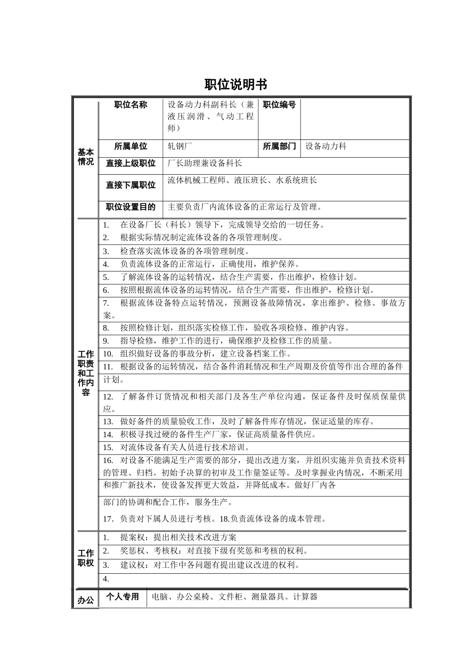 轧钢厂设备动力科副科长职位说明书_第1页
