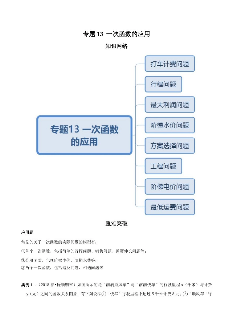 专题13一次函数的应用(知识点串讲)(原卷版)_第1页