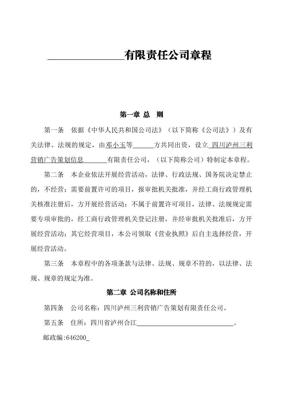 有限责任公司章程1_第1页