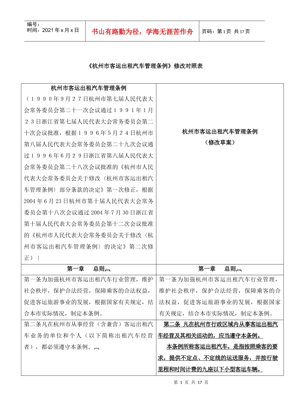 杭州市客运出租汽车管理条例修改对照表_第1页
